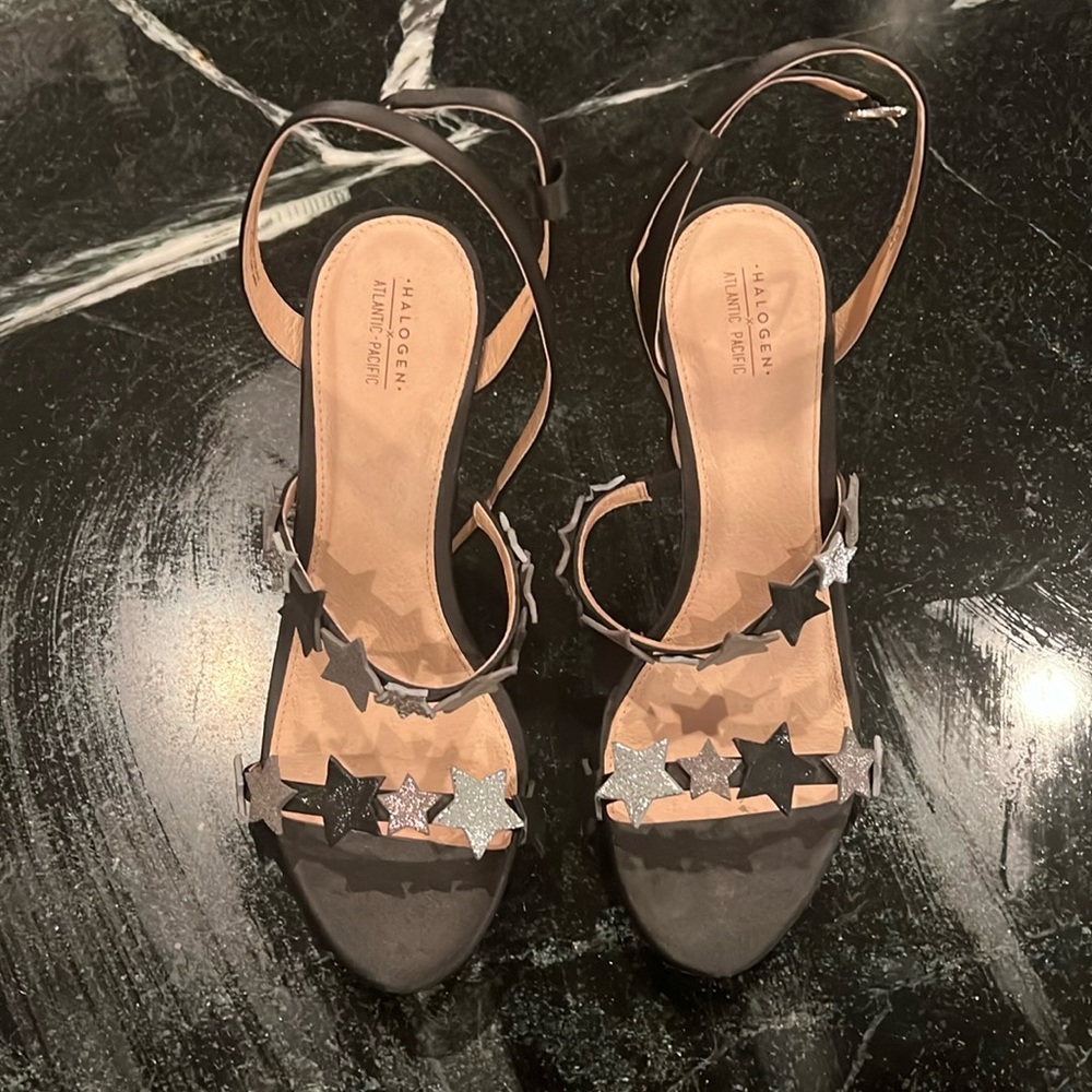 Halogen x Atlantic Pacific black satin with silver star detail heels 9.5